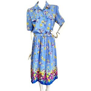 1980s Cottage Core Floral Midi Dress Pleats Short Sleeve Belt Blue Size Large